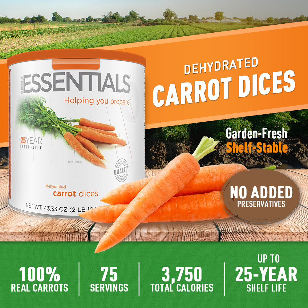 Dehydrated carrot dice packaging with carrots on a wooden surface