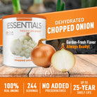 Dehydrated chopped onion package with onions on a wooden surface