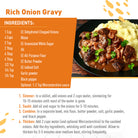 Recipe card for rich onion gravy with ingredients and preparation steps.