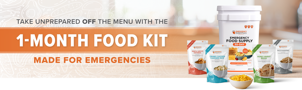 Take unprepared off the menu with the 1-Month Food Kit, made for emergencies.