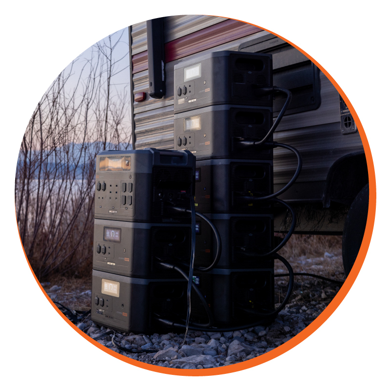 Grid Doctor 3300 plugged into seven extension batteries, powering a trailer