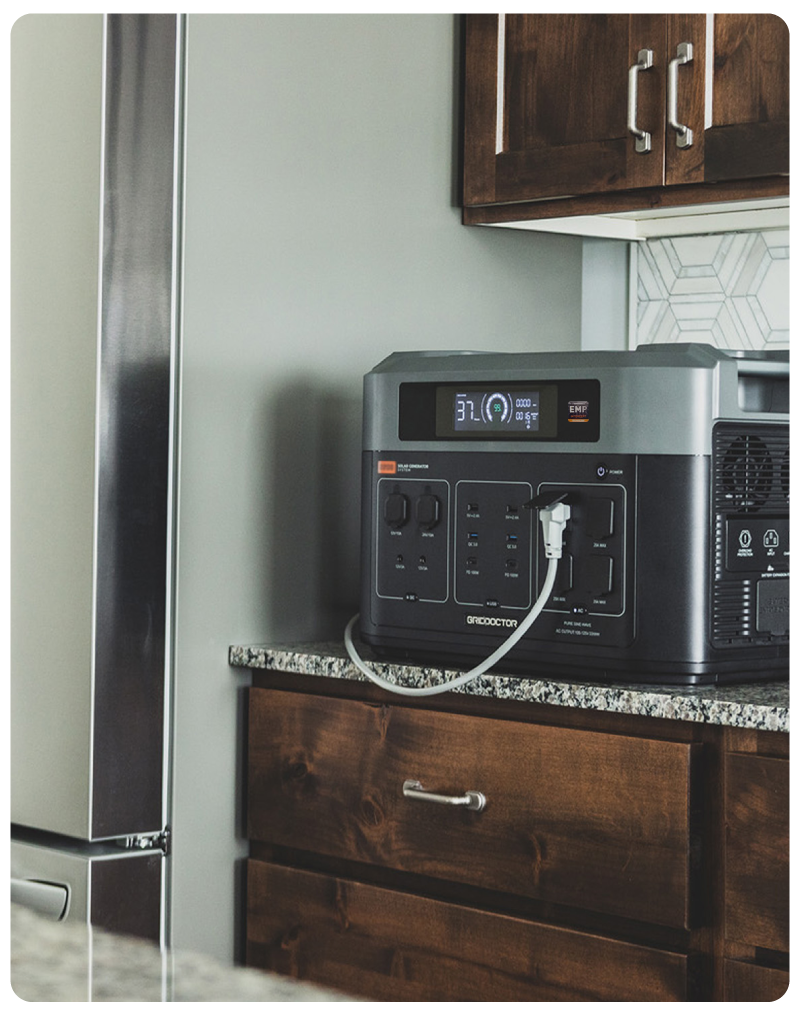 Grid Doctor 3300 powering a fridge in a kitchen