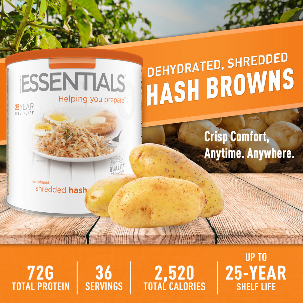 Can of dehydrated shredded hash browns with potatoes