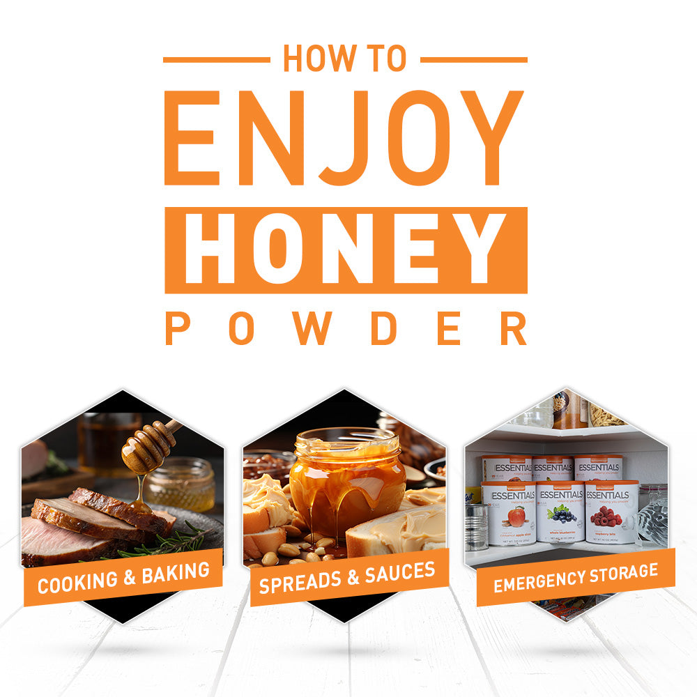 Graphic for honey powder with images of cooking, spreading, and emergency storage