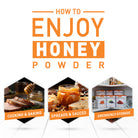 Graphic for honey powder with images of cooking, spreading, and emergency storage