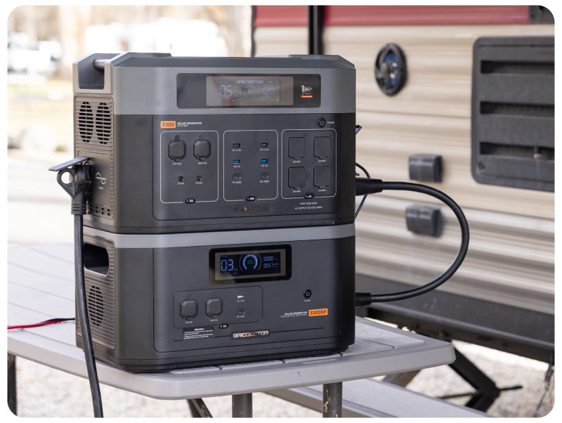 Grid Doctor 3300 and Expansion battery powering a camping trailer
