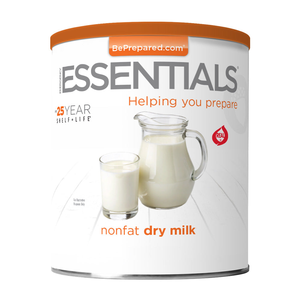 Emergency Essentials Nonfat Dry Milk #10 Can shown with prepared milk for everyday use