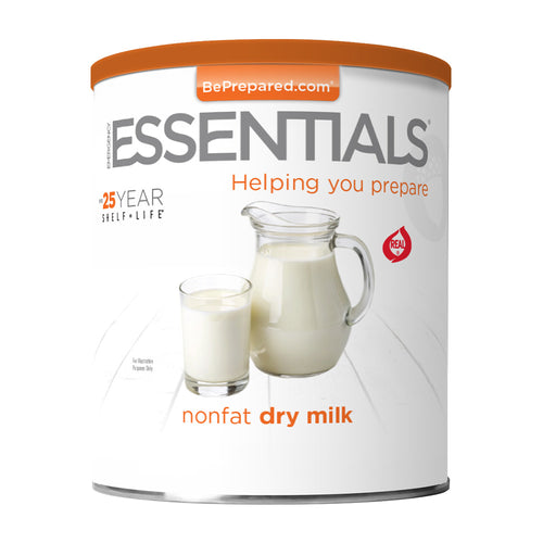 Emergency Essentials Nonfat Dry Milk #10 Can shown with prepared milk for everyday use