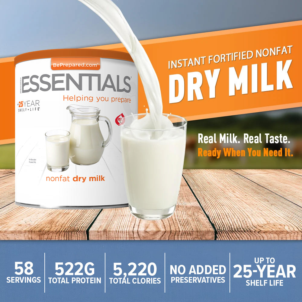 Emergency Essentials Nonfat Dry Milk graphic highlighting dry milk for long-term food storage