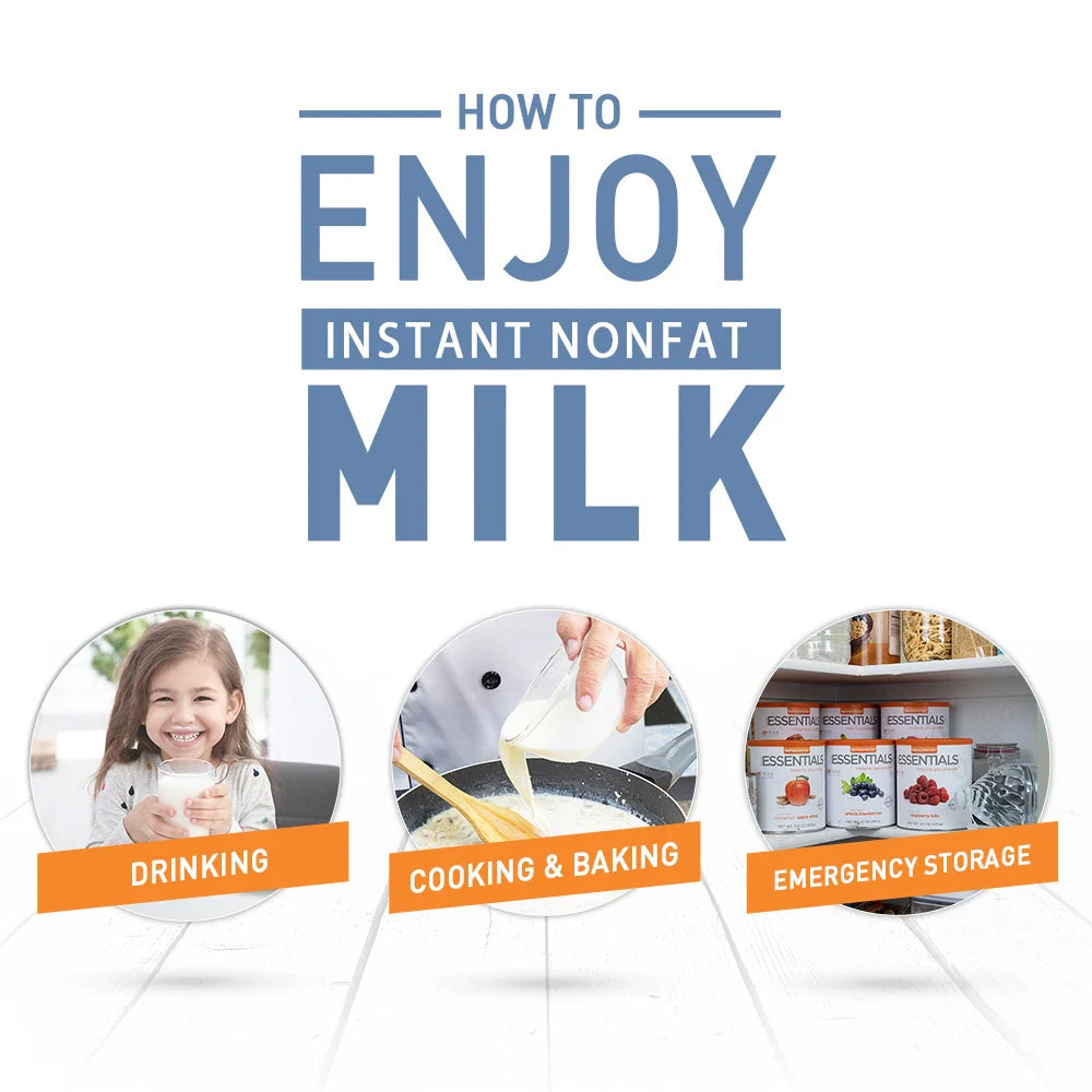 Emergency Essentials Nonfat Dry Milk graphic showing ways to enjoy milk at home or in storage