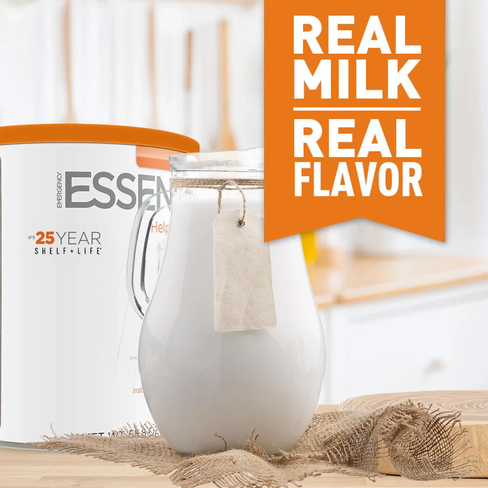 Emergency Essentials Nonfat Dry Milk graphic highlighting real milk taste and everyday versatility