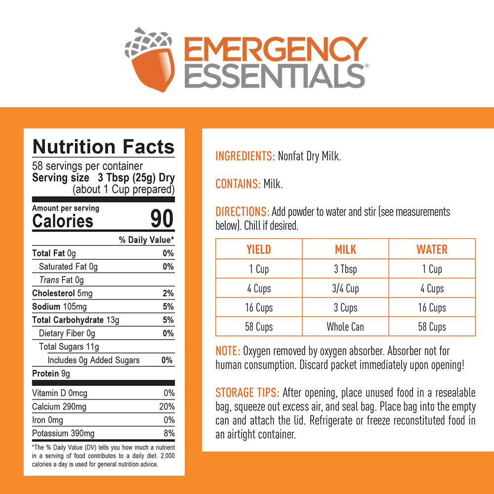 Emergency Essentials Nonfat Dry Milk nutrition facts and product information for the #10 can