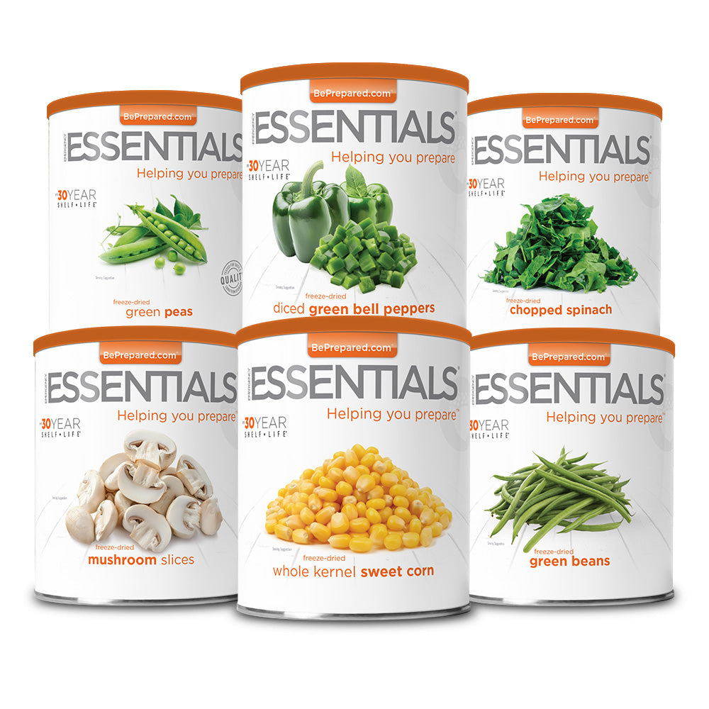 Emergency Essentials Premium Veggie Kit with six freeze-dried vegetable #10 cans