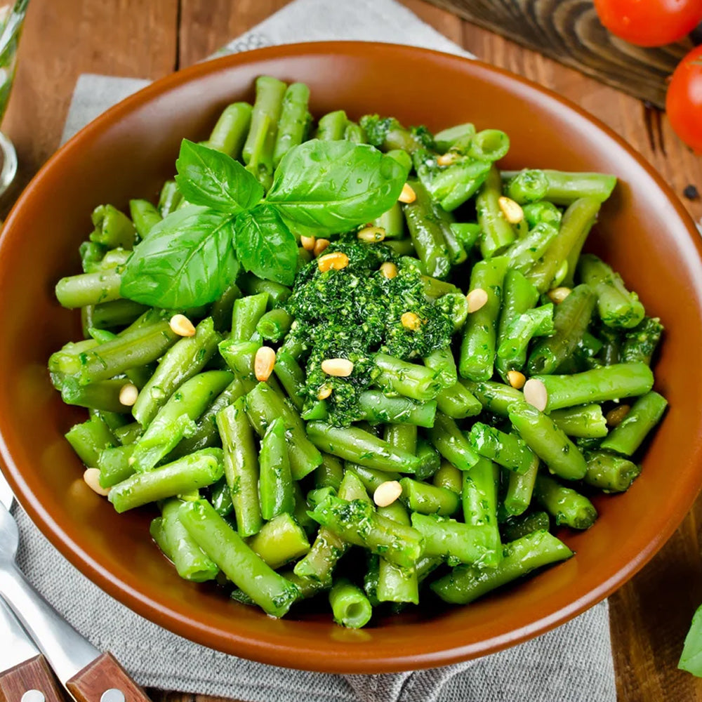 1. Prepared freeze-dried green beans served in a bowl