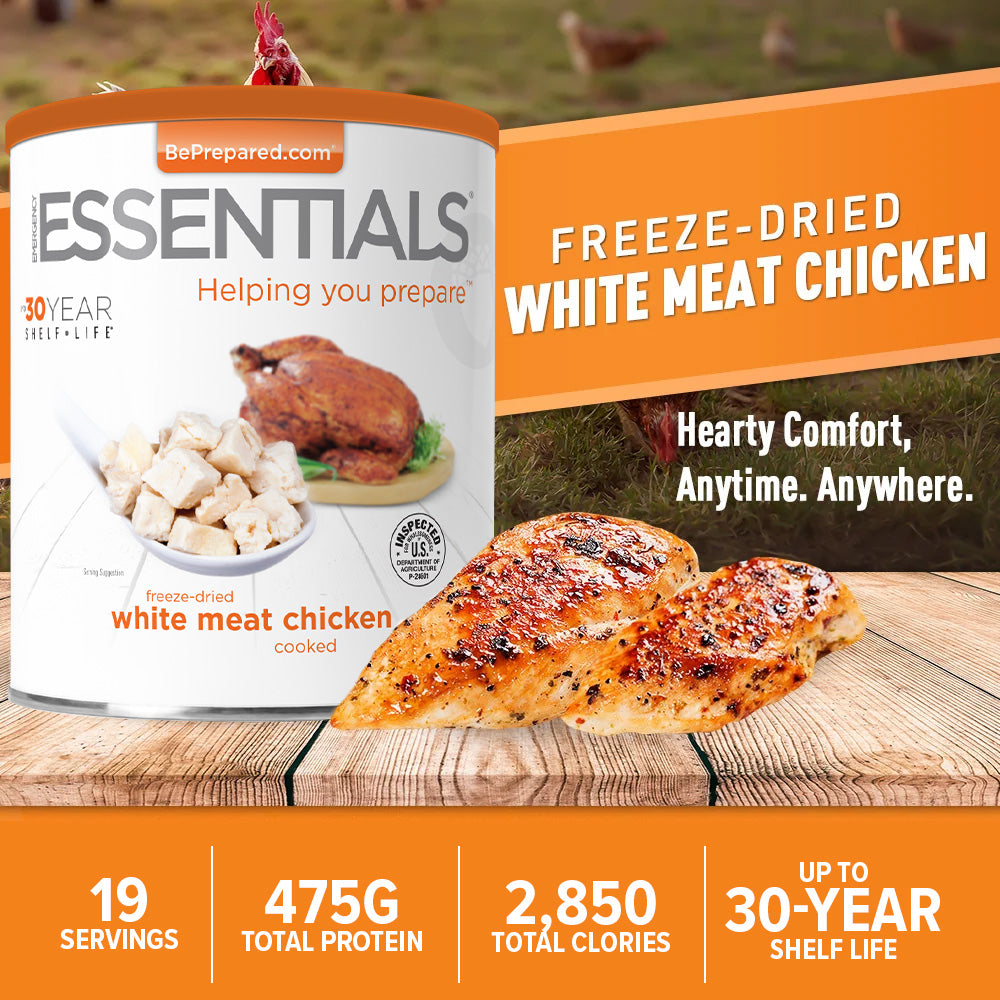 Can of freeze-dried white meat chicken and a roasted chicken on a wooden surface