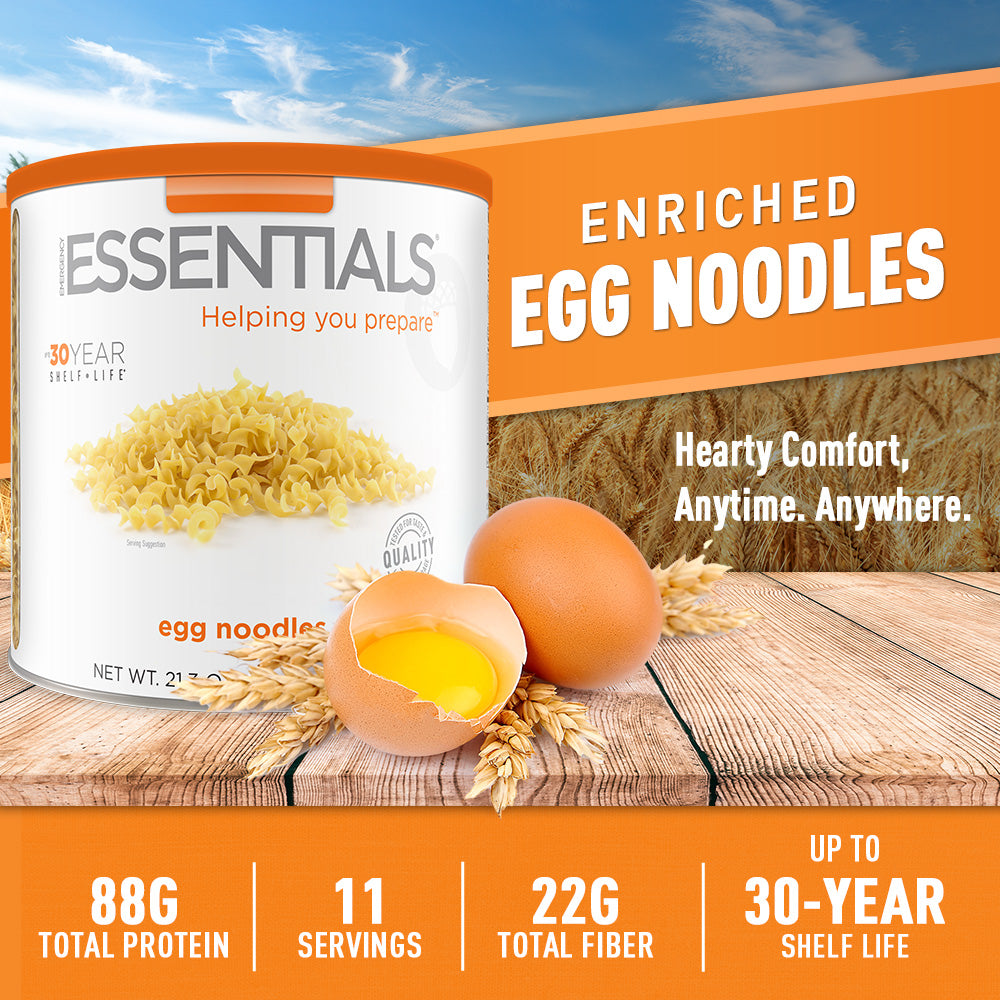 Can of egg noodles with eggs in front
