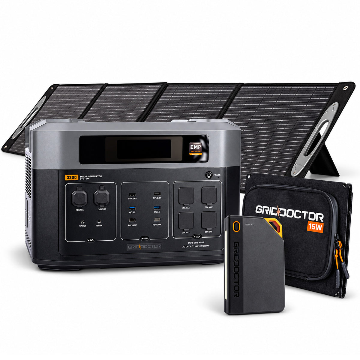 Grid Doctor 3300 solar generator system with solar panel, power bank, and carrying case