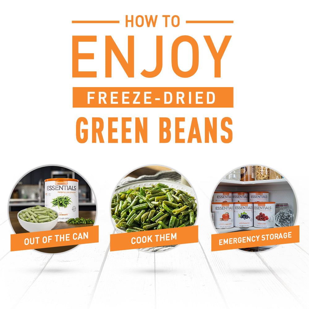 Instructions on how to enjoy freeze-dried green beans with images and text.