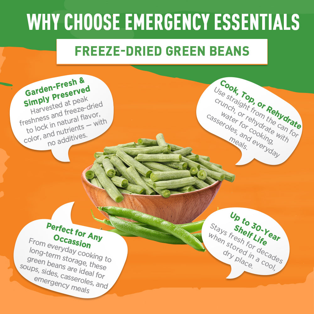 Promotional graphic for freeze-dried green beans