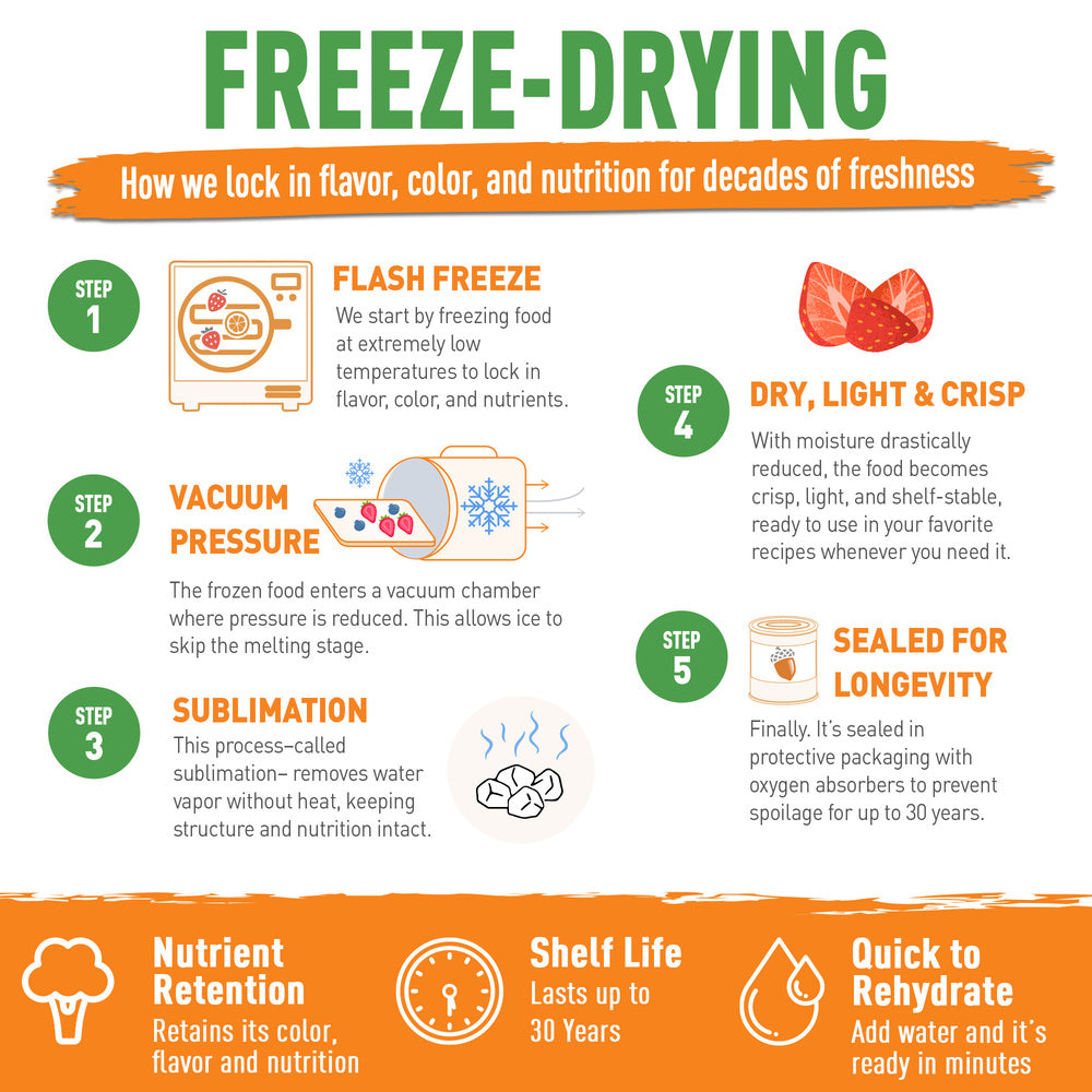 Infographic on the freeze-drying process with steps and benefits.