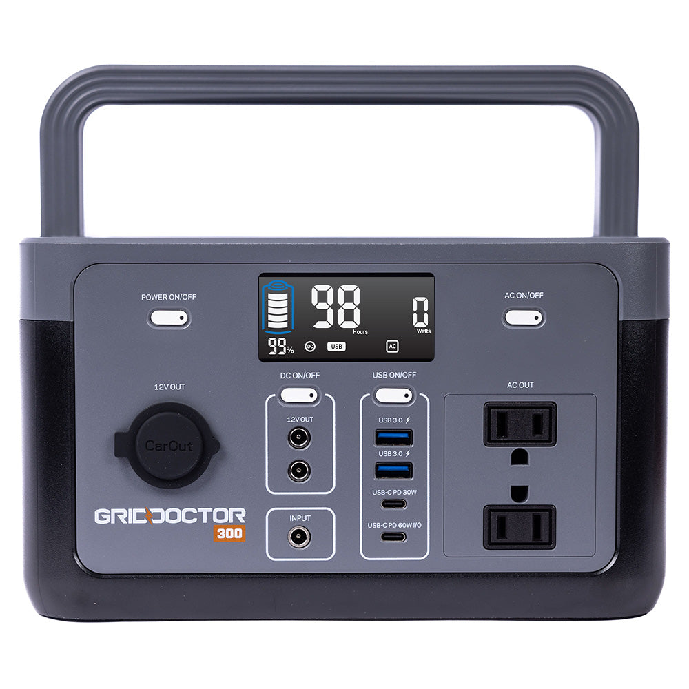 300 Solar Generator by Grid Doctor screen display and various ports(7340714295436)