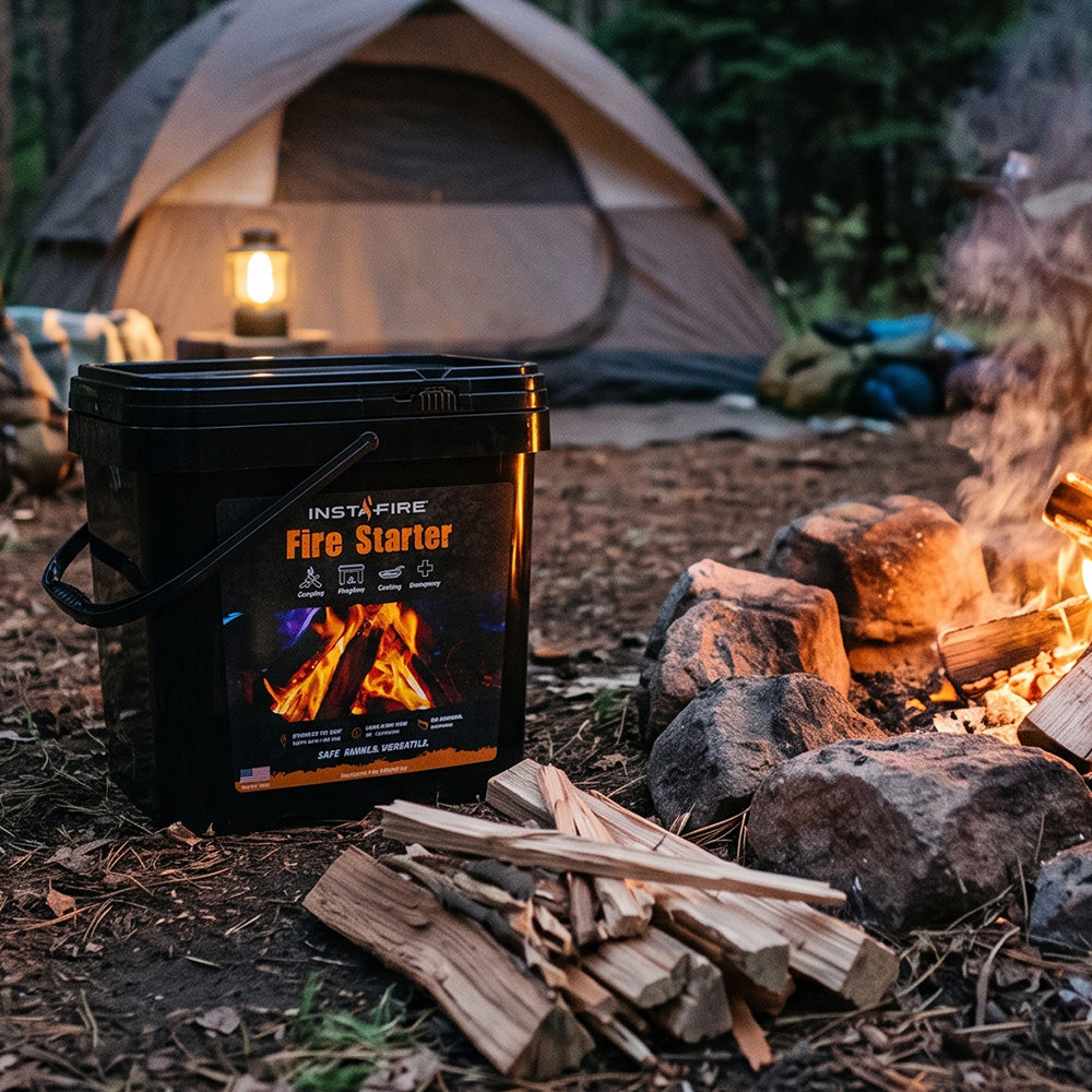 InstaFire Fire Starter & Fuel bucket displayed beside a campfire at an outdoor campsite with a tent in the background.

