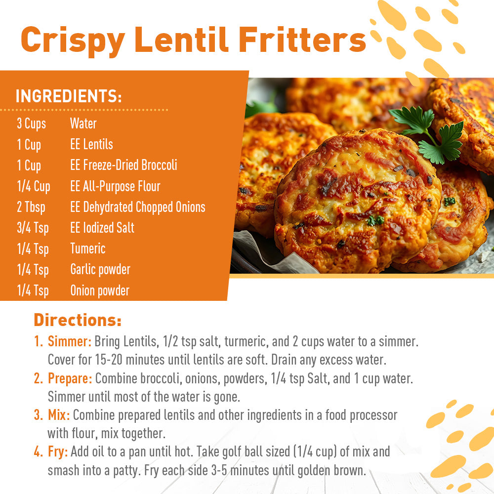 Crispy lentil fritters with ingredients list and preparation directions