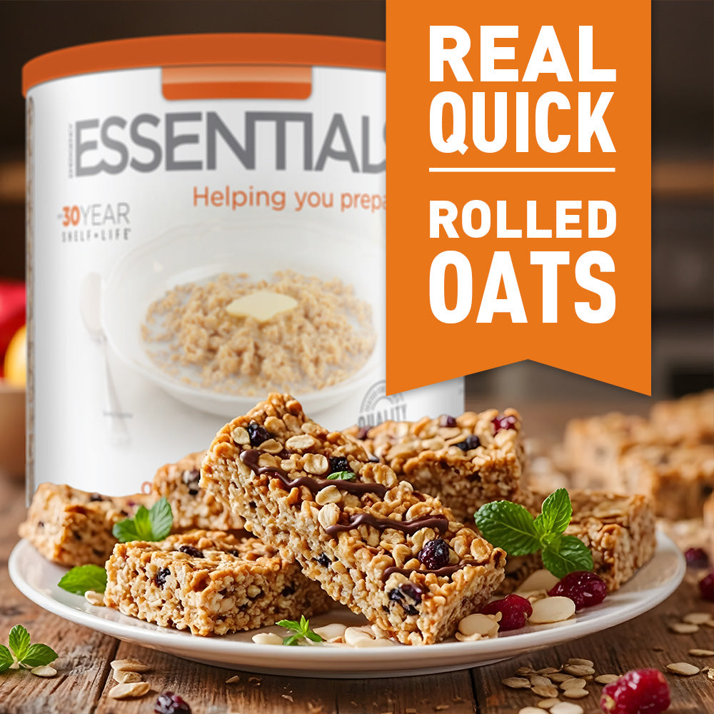 Plate of granola bars with a container of Emergency Essential Quick Rolled Oats