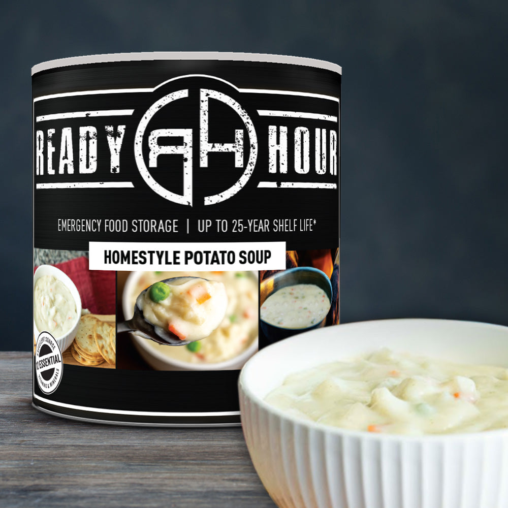 Ready Hour Homestyle Potato Soup #10 can beside a prepared bowl of creamy potato soup.