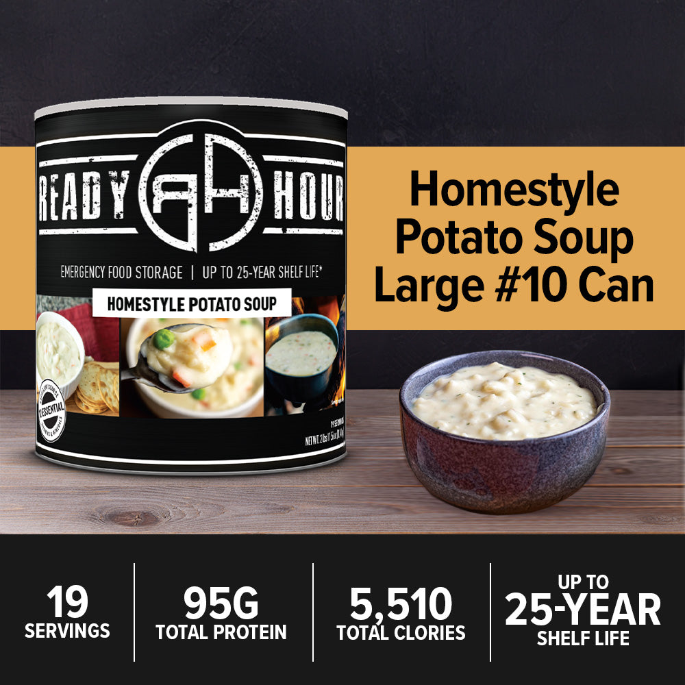 Ready Hour Homestyle Potato Soup #10 can with prepared soup and key nutrition and shelf-life details.