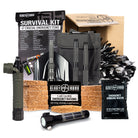 Survival kit to keep in your car with emergency items including a flashlight, water pouches, and rations