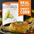 Can of sweet corn with corn dish on a wooden board