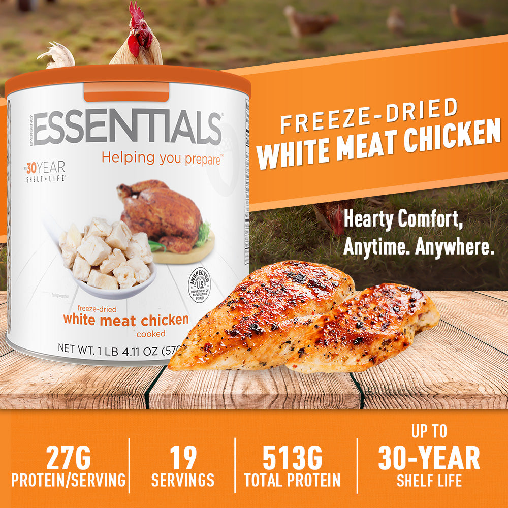 Can of freeze-dried white meat chicken and a roasted chicken on a wooden surface