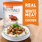 Can of Emergency Essentials brand chicken with a dish of chicken and rice on a wooden table