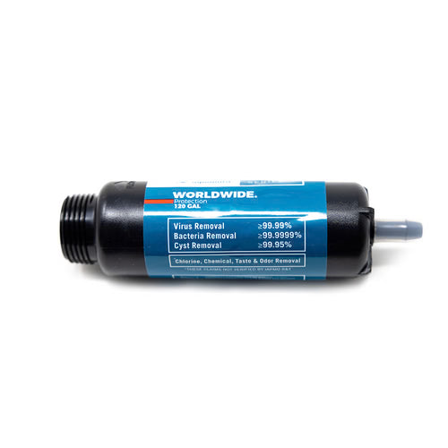 Aquamira G2O Replacement Filter with blue label and black housing, displayed horizontally against a white background.