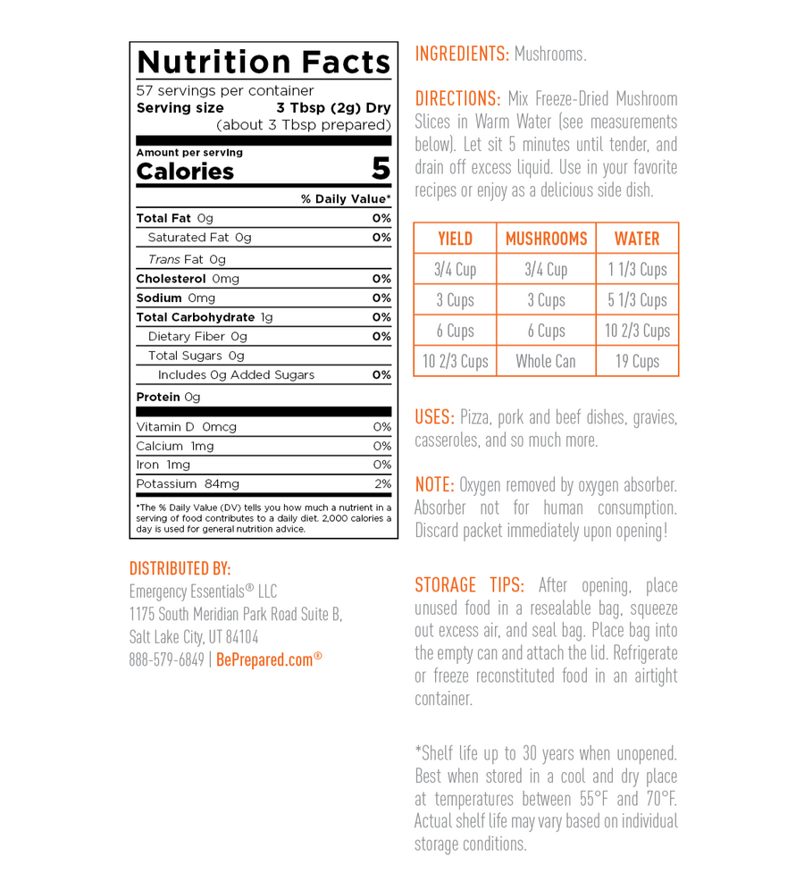 Emergency Essentials® Freeze-Dried Mushroom Slices Large #10 Can